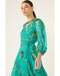 Lorelei Wrap Midi Dress Jade Gold Flora