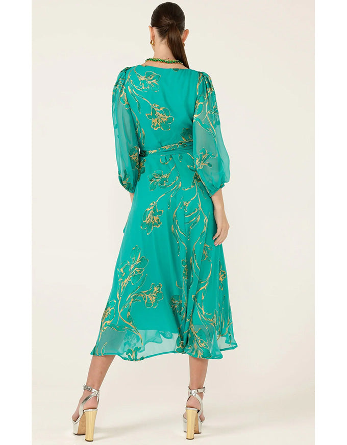 Lorelei Wrap Midi Dress Jade Gold Flora