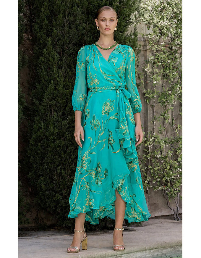 Lorelei Wrap Midi Dress Jade Gold Flora