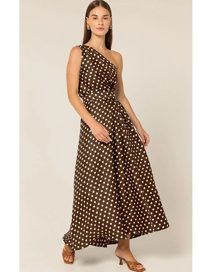 Gardenia One Shoulder Dress Choc Cream Spot