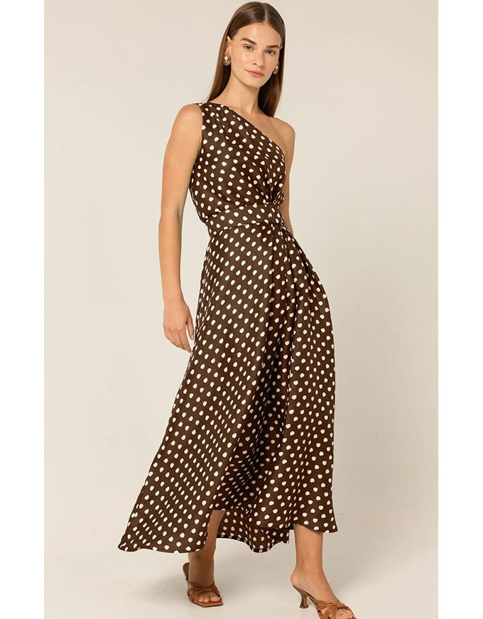 Gardenia One Shoulder Dress Choc Cream Spot