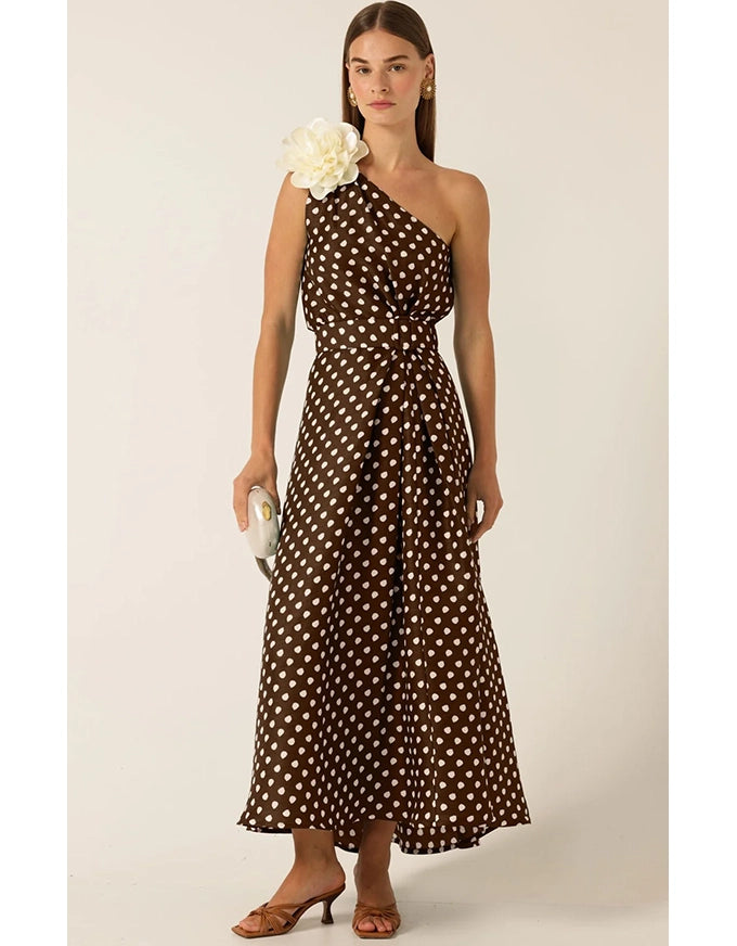 Gardenia One Shoulder Dress Choc Cream Spot