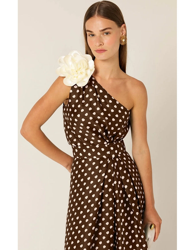 Gardenia One Shoulder Dress Choc Cream Spot
