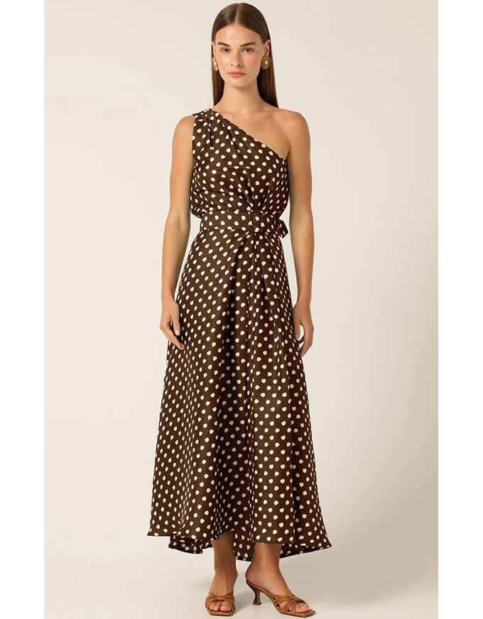 Gardenia One Shoulder Dress Choc Cream Spot