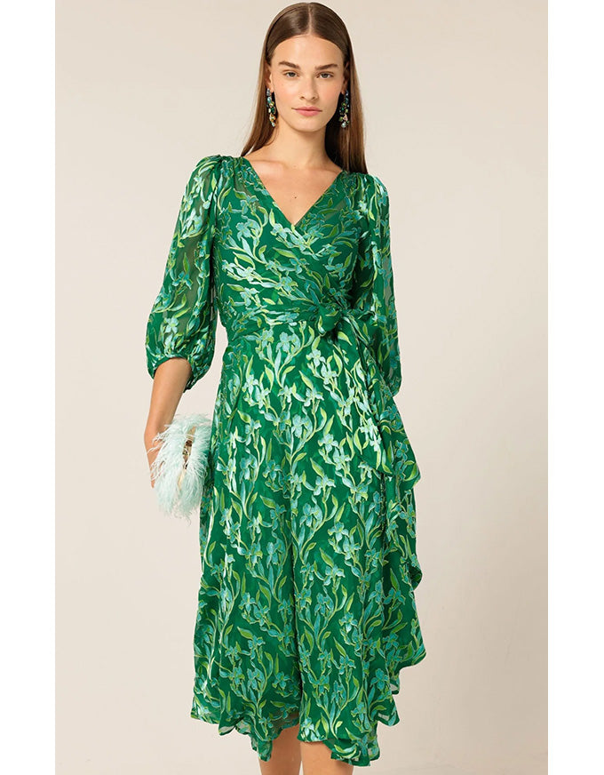 Orchid Wrap Midi Dress - Green Botanical