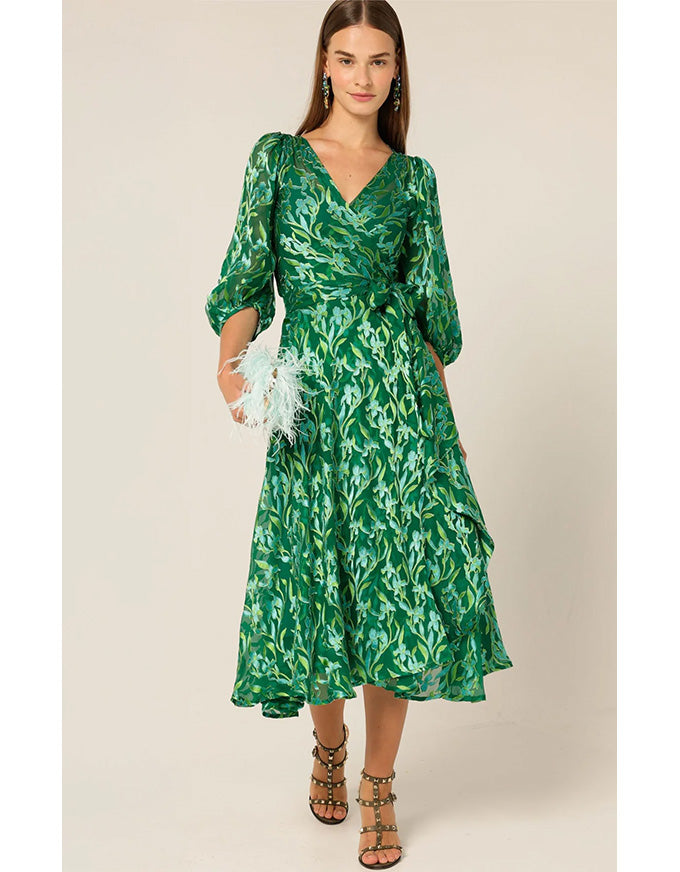Orchid Wrap Midi Dress - Green Botanical