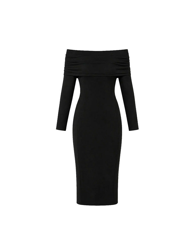 Black off-shoulder dress on a white background