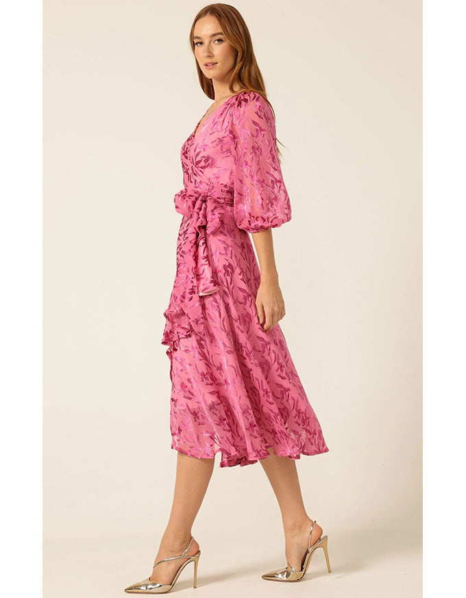 Sherbet Breeze Midi Wrap Dress Magenta Botanical