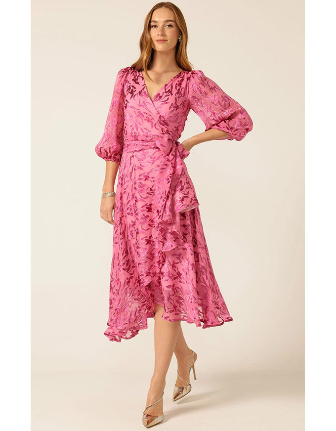 Sherbet Breeze Midi Wrap Dress Magenta Botanical