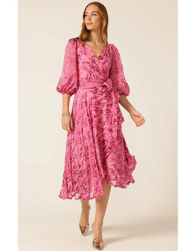 Sherbet Breeze Midi Wrap Dress Magenta Botanical