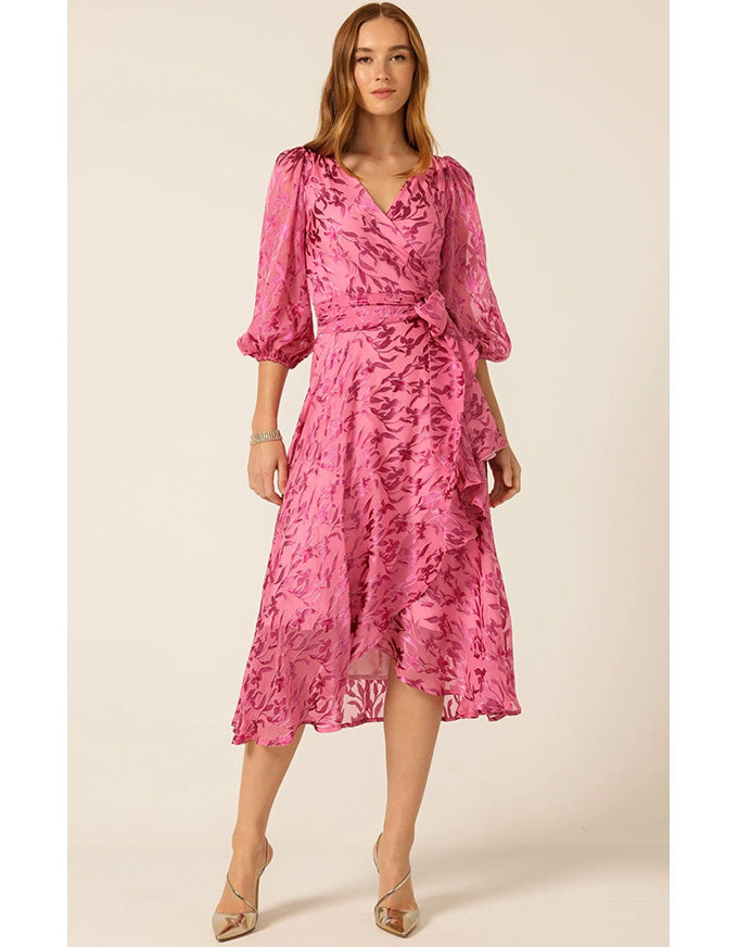 Sherbet Breeze Midi Wrap Dress Magenta Botanical