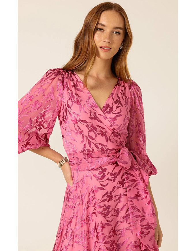 Sherbet Breeze Midi Wrap Dress Magenta Botanical