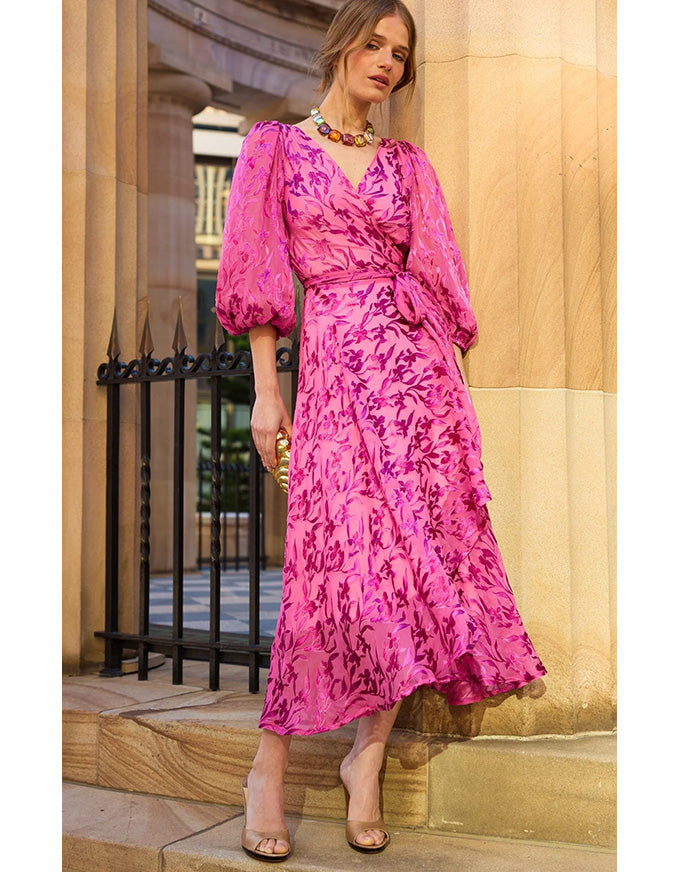 Sherbet Breeze Midi Wrap Dress Magenta Botanical