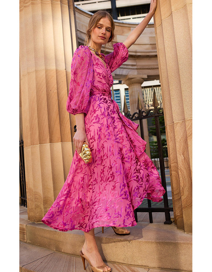 Sherbet Breeze Midi Wrap Dress Magenta Botanical