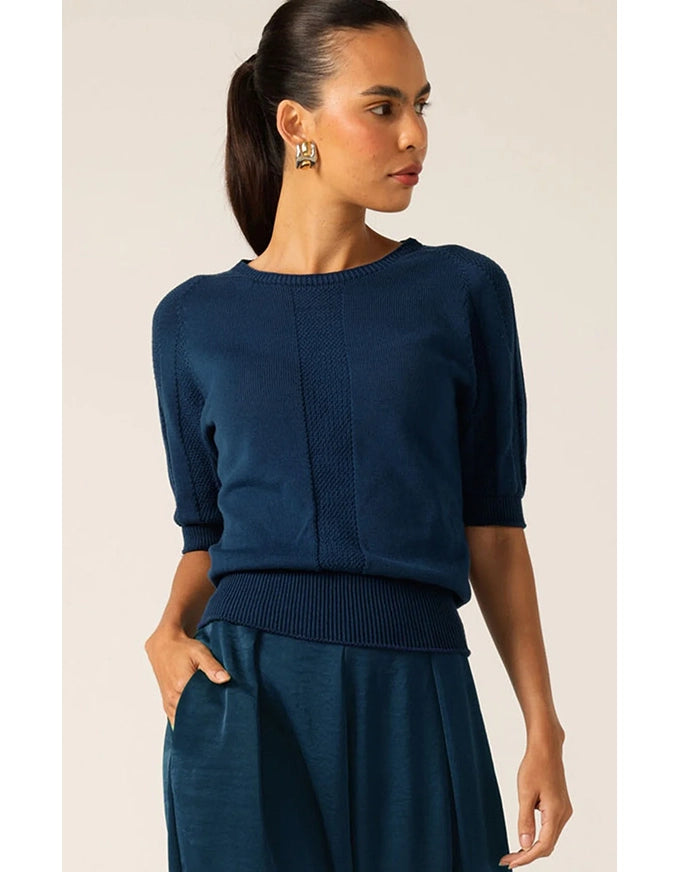 Short Sleeve Raglan Knit Top Steele Blue
