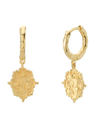 Gold hoop earrings with intricate designs on a white background
