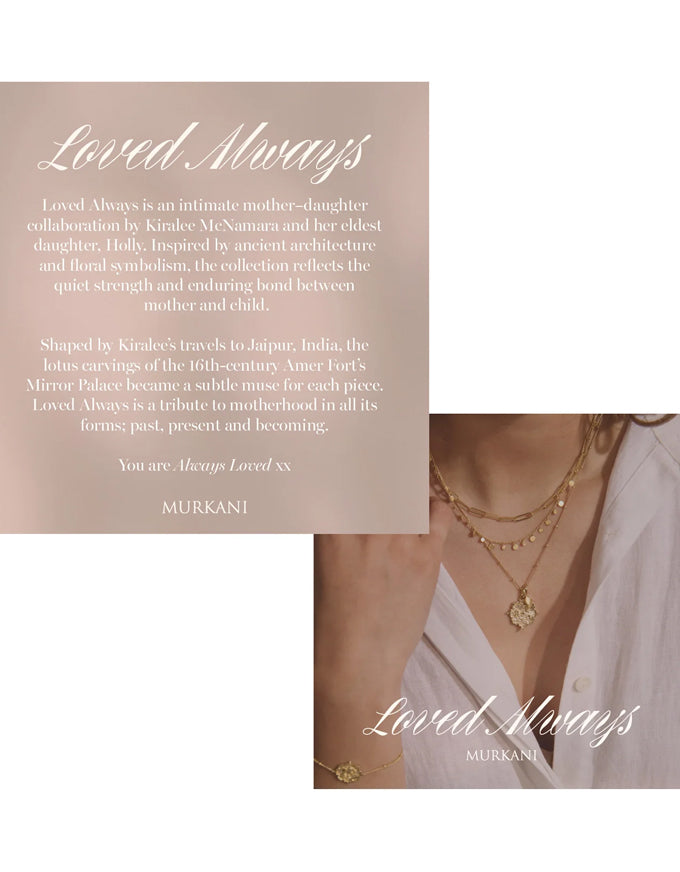 Jewelry brand 'Loved Always' with a necklace and text on a beige background