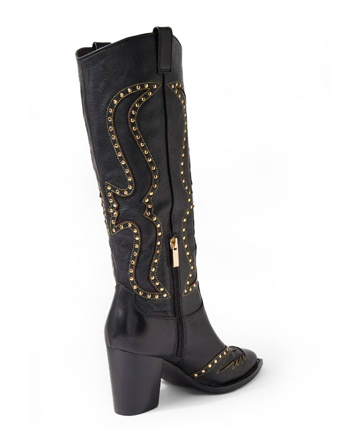 Lurva Black/Gold Leather Knee High Western Boots