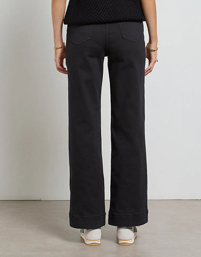 Person wearing black wide-leg pants against a plain background