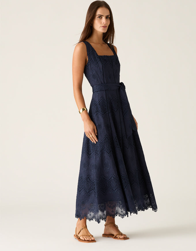 Mariana Embroidery Midi Dress Navy