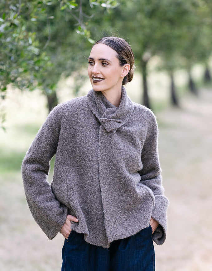 Shetland knit jacket in bark with soft textured finish and wrap collar detail