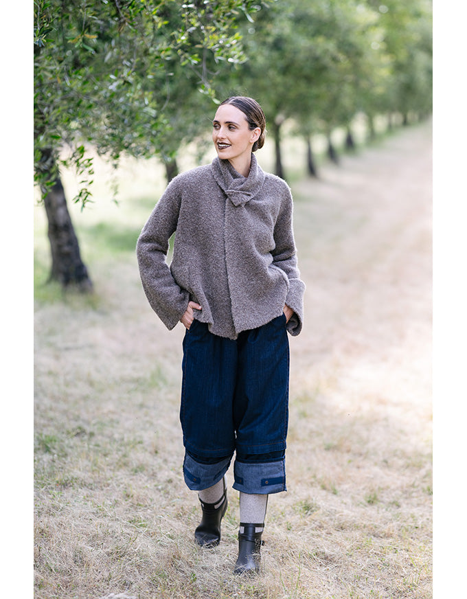 Shetland knit jacket in bark with soft textured finish and wrap collar detail