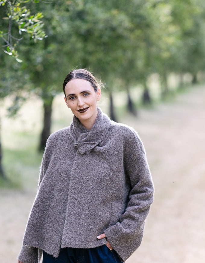 Shetland knit jacket in bark with soft textured finish and wrap collar detail