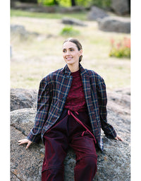 Skye button jacket in navy/red check with high collar and front buttons