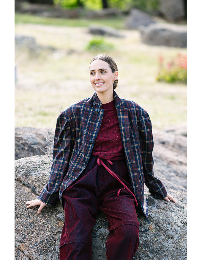 Skye button jacket in navy/red check with high collar and front buttons