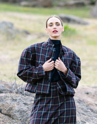 Skye button jacket in navy/red check with high collar and front buttons