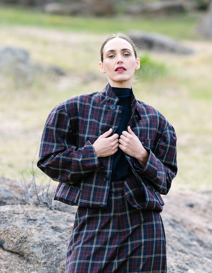 Skye button jacket in navy/red check with high collar and front buttons