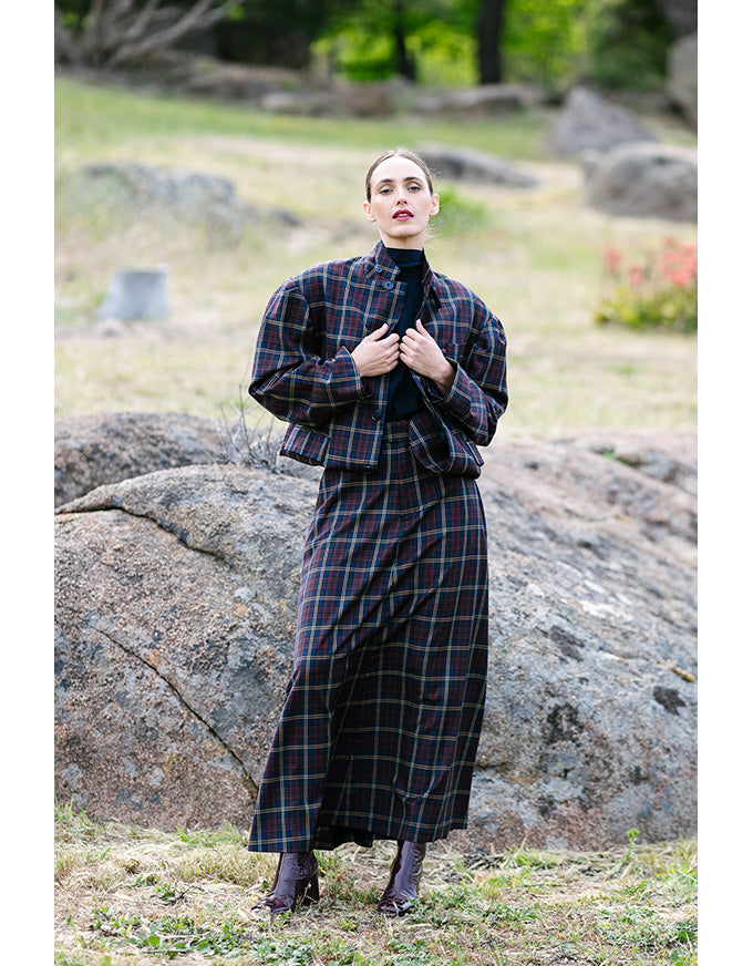 Skye button jacket in navy/red check with high collar and front buttons