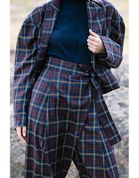 Skye button jacket in navy/red check with high collar and front buttons