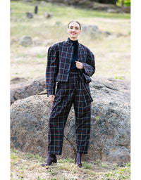 Skye button jacket in navy/red check with high collar and front buttons