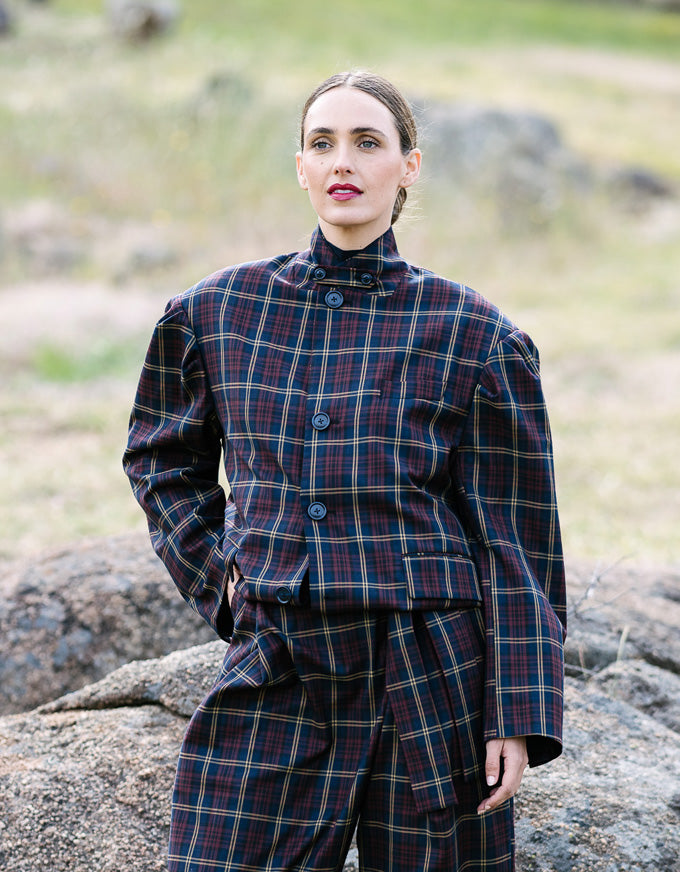 Skye button jacket in navy/red check with high collar and front buttons