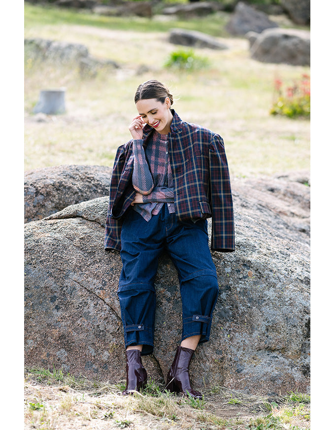 Skye button jacket in navy/red check with high collar and front buttons