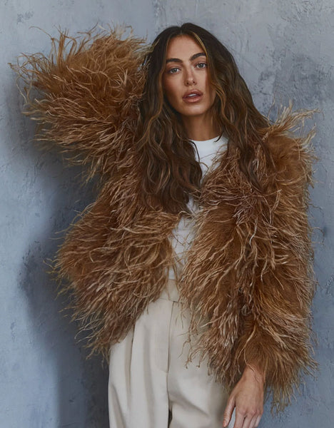 Mia Ostrich Feather Jacket Camel Bombo Clothing Co