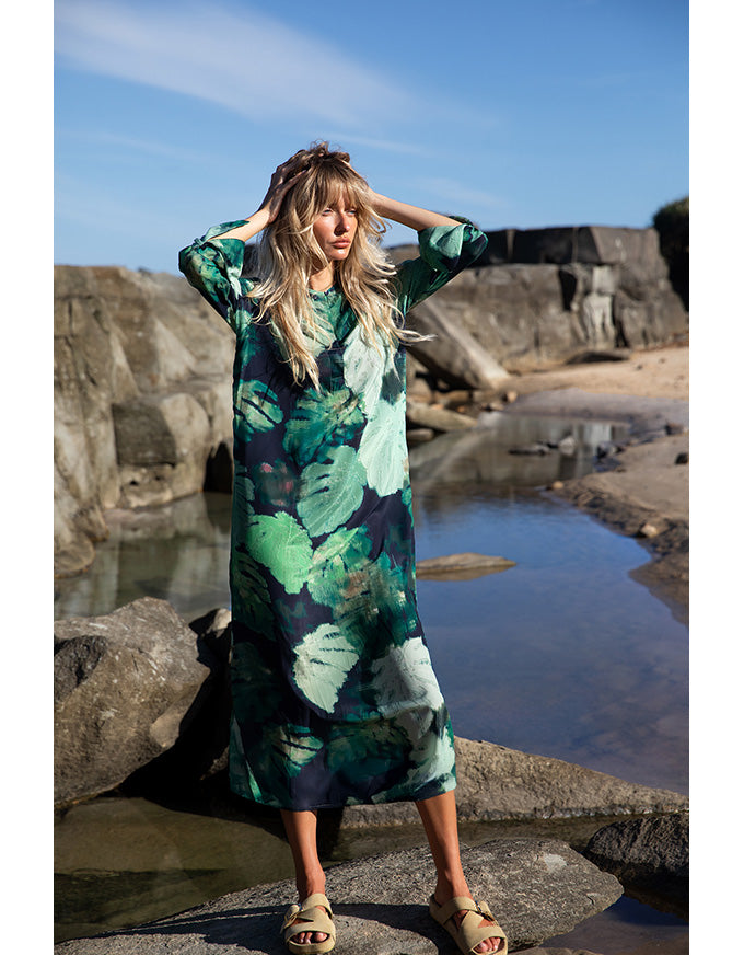 Long Genie Dress Monstera Night Green