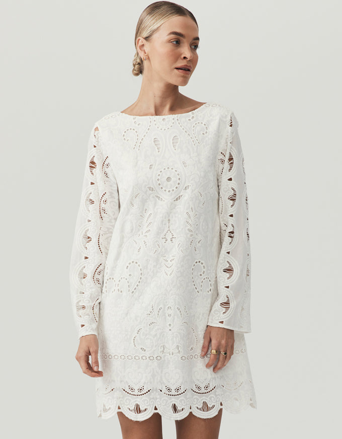 Nora Embroidery Mini Dress Ivory