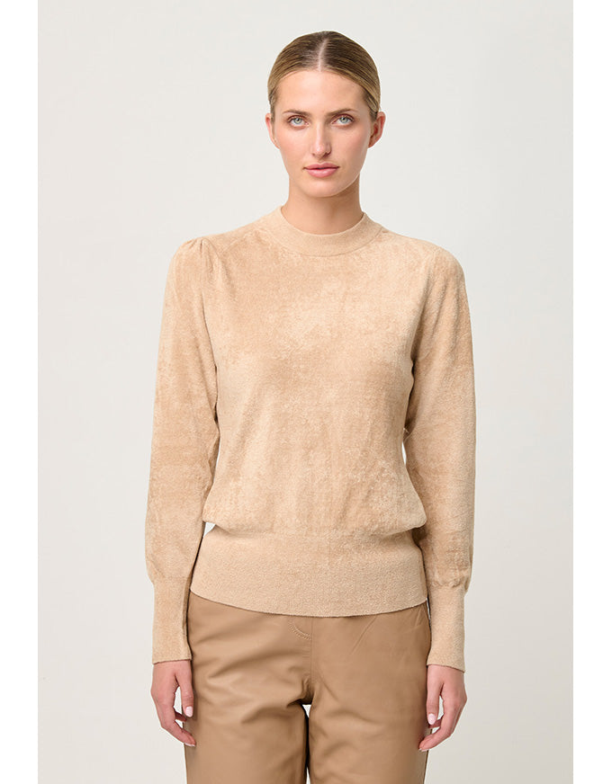 Celia Viscose Nylon Button Cuff Knit Top Bourbon