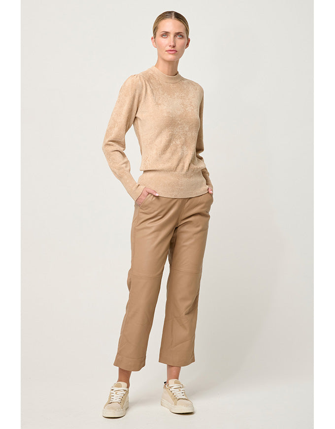 Celia Viscose Nylon Button Cuff Knit Top Bourbon