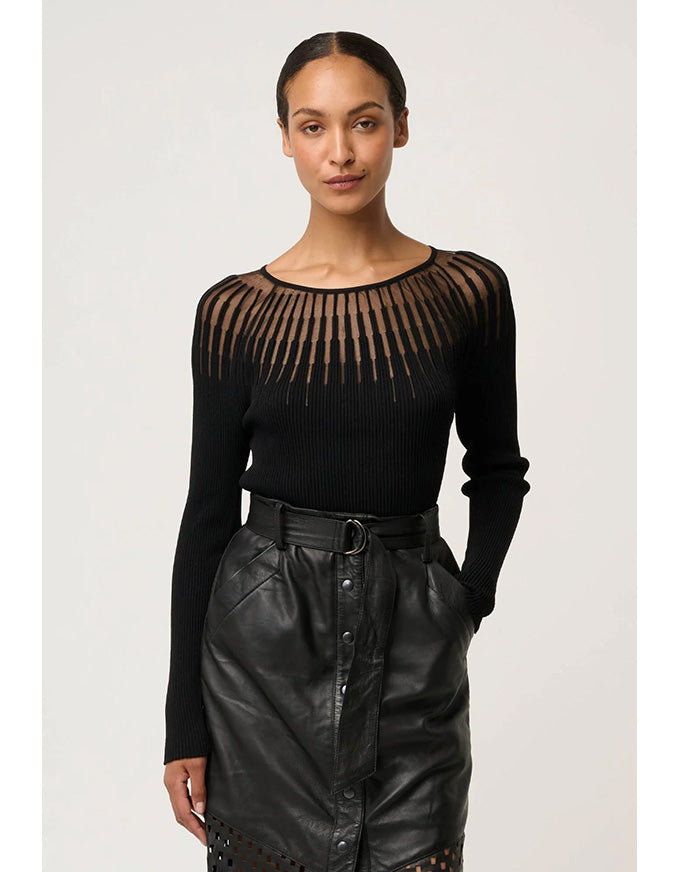 Rhiannon Sheer Neckline Knit Top Black