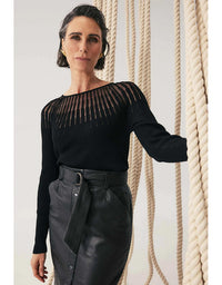 Rhiannon Sheer Neckline Knit Top Black