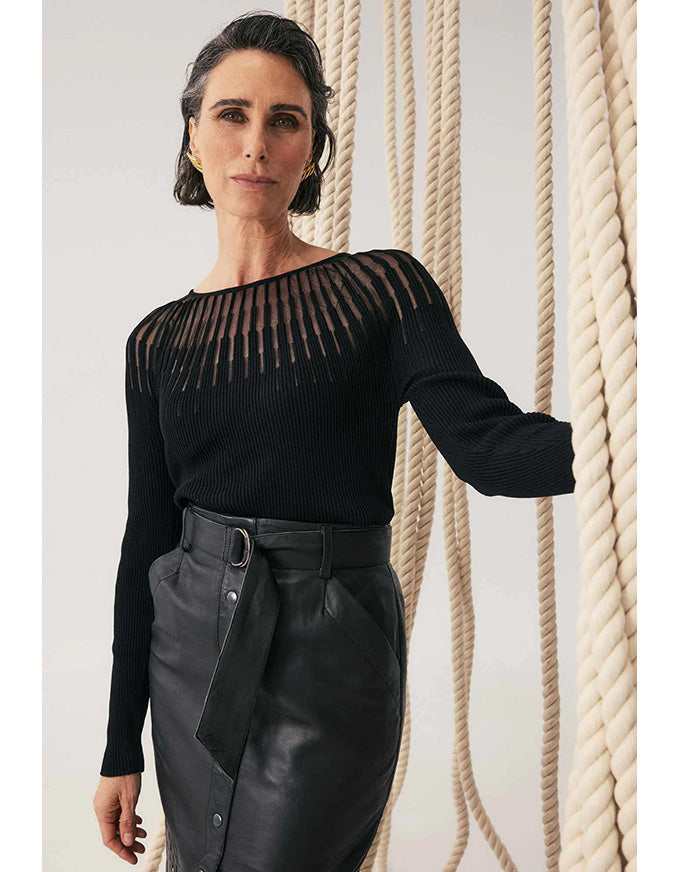 Rhiannon Sheer Neckline Knit Top Black