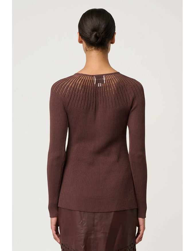 Rhiannon Viscose Sheer Neckline Knit Top Mocha