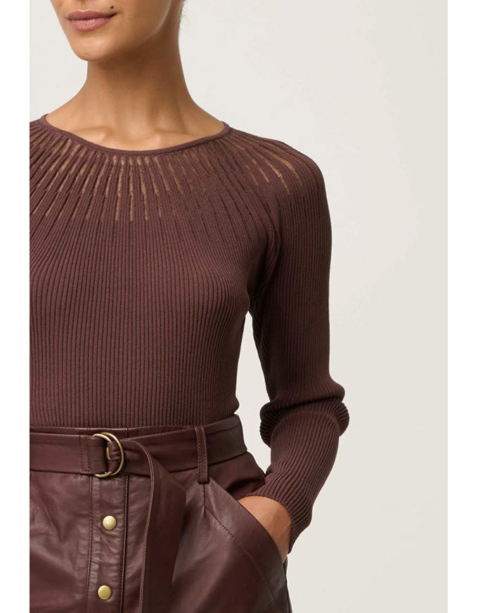 Rhiannon Viscose Sheer Neckline Knit Top Mocha