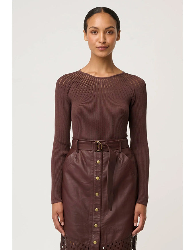 Rhiannon Viscose Sheer Neckline Knit Top Mocha
