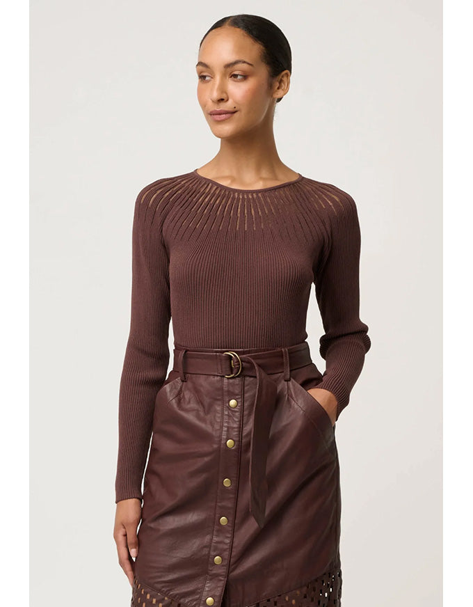 Rhiannon Viscose Sheer Neckline Knit Top Mocha