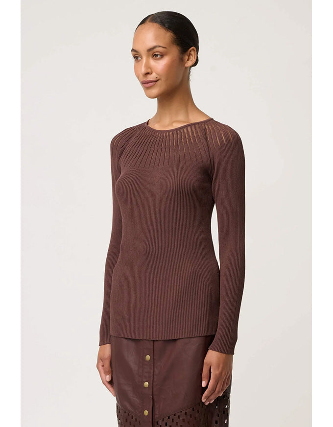 Rhiannon Viscose Sheer Neckline Knit Top Mocha