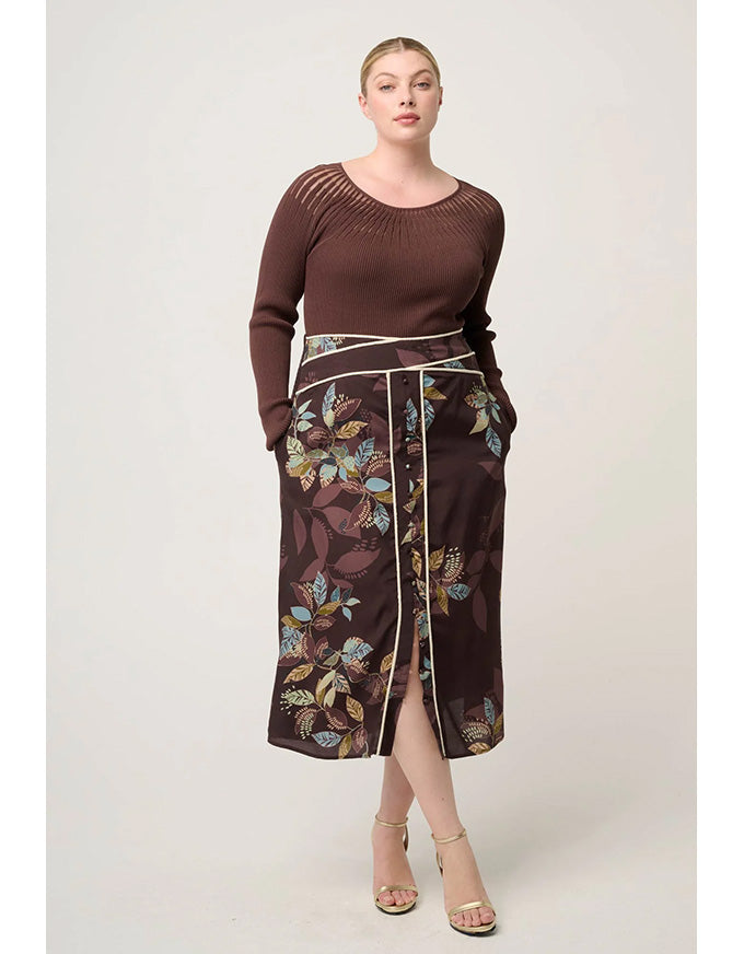 Rhiannon Viscose Sheer Neckline Knit Top Mocha
